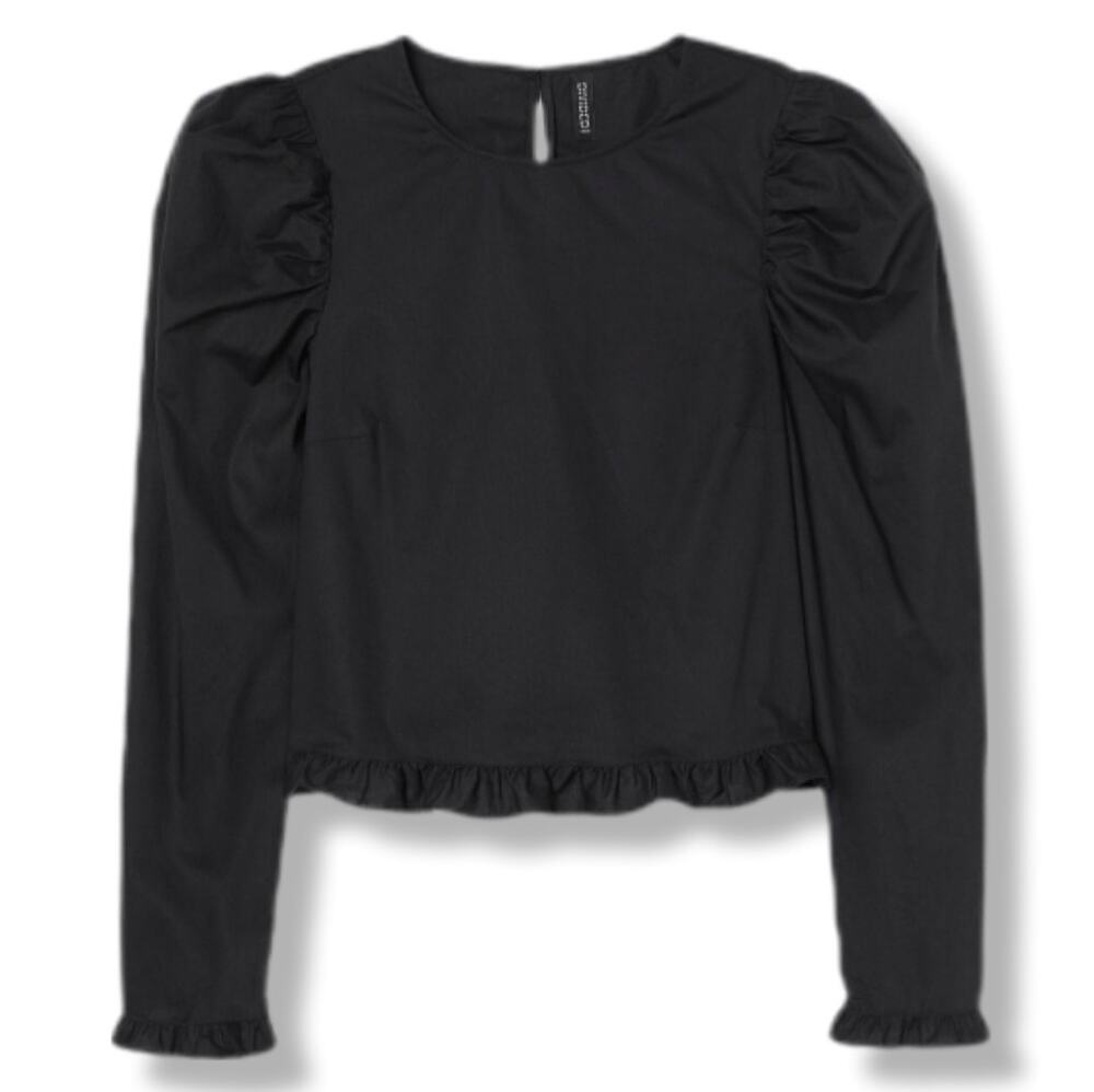 H&M Puff Sleeve Black Boxy Top M Witchy Whimsigoth Dark Fairy Romance Soft Goth